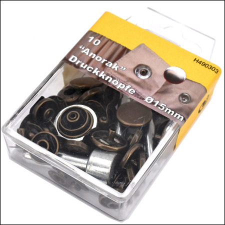 H490303-TV-448-PRYM-Druckknopf-Anorak-15mm-vintage-kupfer-altmessing-antik-Sattler-Leder-Patchwork-N-hen-Hersteller-shop-kaufen Druckknopf Anorak altmessing, Ø 15 mm - Dose á 10 Stück mit Werkzeug