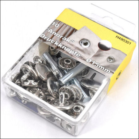 H490301-TV-448-PRYM-Druckknopf-Anorak-15mm-silber-nickel-chrom-Sattler-Leder-Patchwork-N-hen-Hersteller-shop-kaufen Druckknopf Anorak nickel, Ø 15 mm - Dose á 10 Stück mit Werkzeug